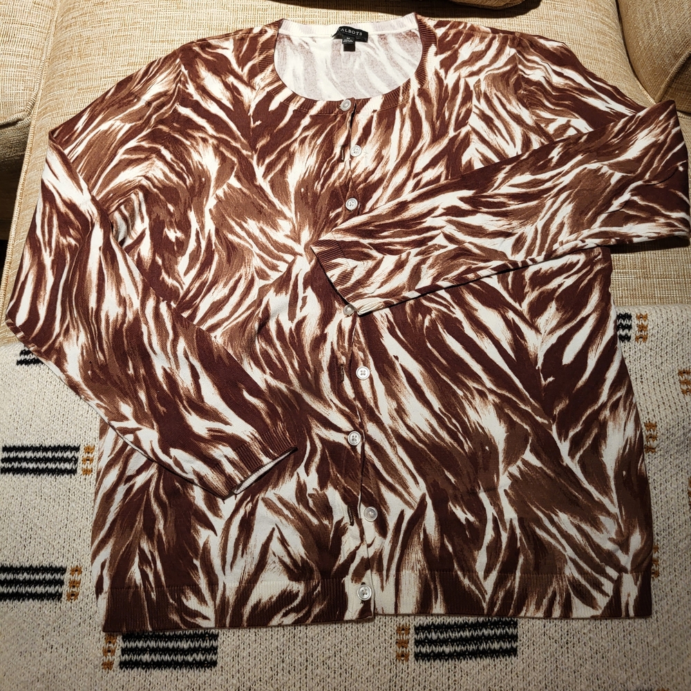 Talbots Brown and Cream Printed Button-Front Cardigan